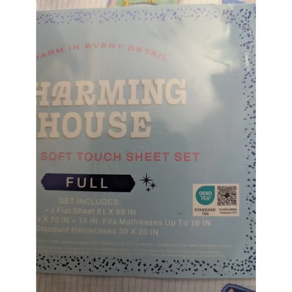 Charming House Full Sheet Set 6 Pc Sardine Tin Can Print Blue White Oeko Tex New